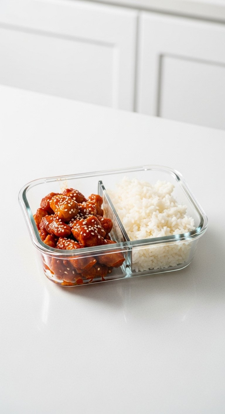 Single-Serving Glass Meal Prep Container Divided With Leftover Sticky Honey Gochujang Chicken And Rice.