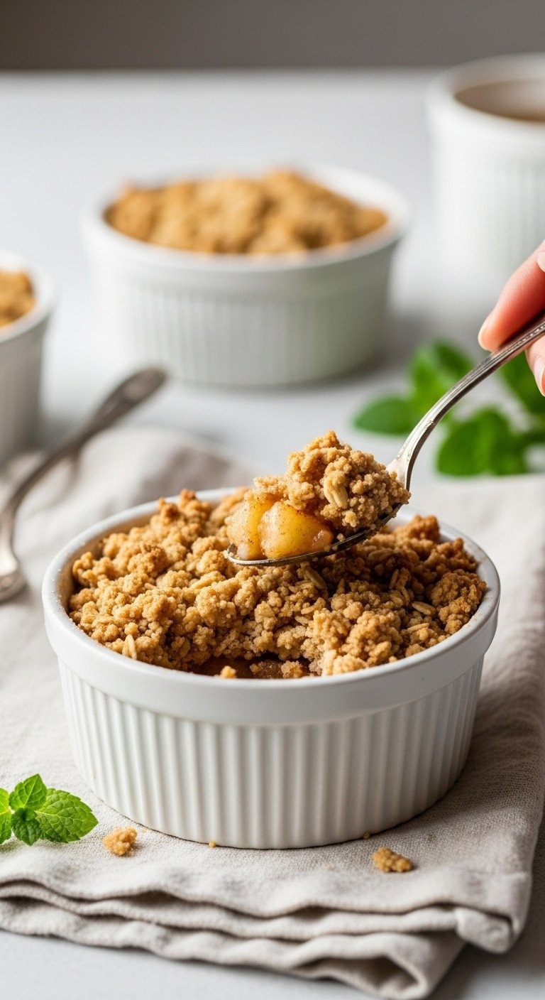 Single-Serving Gluten-Free Apple Crisp In Ramekin, Golden Oat Topping, Spoon In Tender Spiced Apples On Linen Cloth.