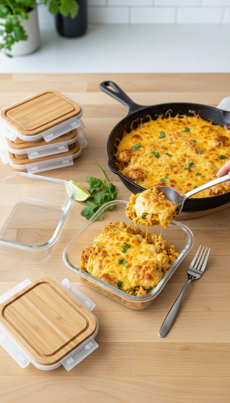 Single Serving Of Baked Queso Chicken Packed Neatly Into A Glass Meal Prep Container.