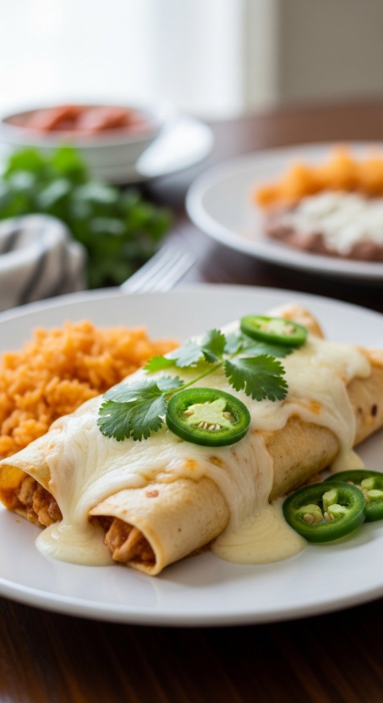 Single Serving Of Chicken Sour Cream Enchiladas Plated With Melted Cheese, Cilantro, And Jalapenos.