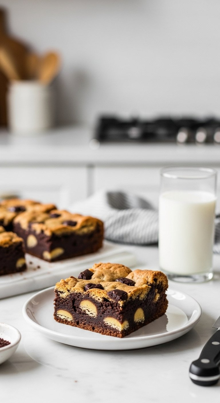 Single Square Of Brookie With Distinct Brownie And Cookie Layers Served On A White Plate With A Glass Of Milk.