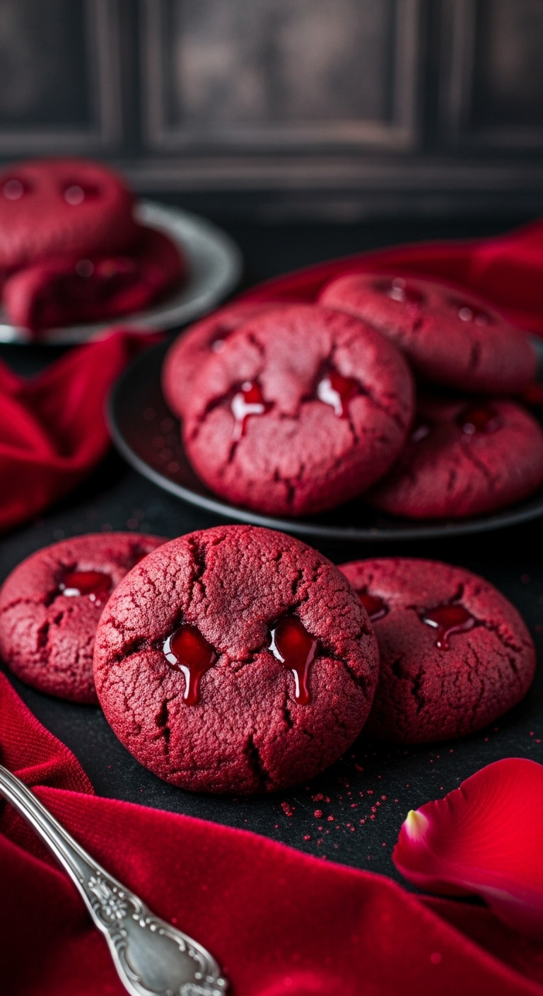 Sinister Red Velvet Vampire Bite Cookies With &Quot;Blood&Quot; Glaze On A Deep Red Velvet Cloth, With Rose Petal. Elegant Halloween Dessert.