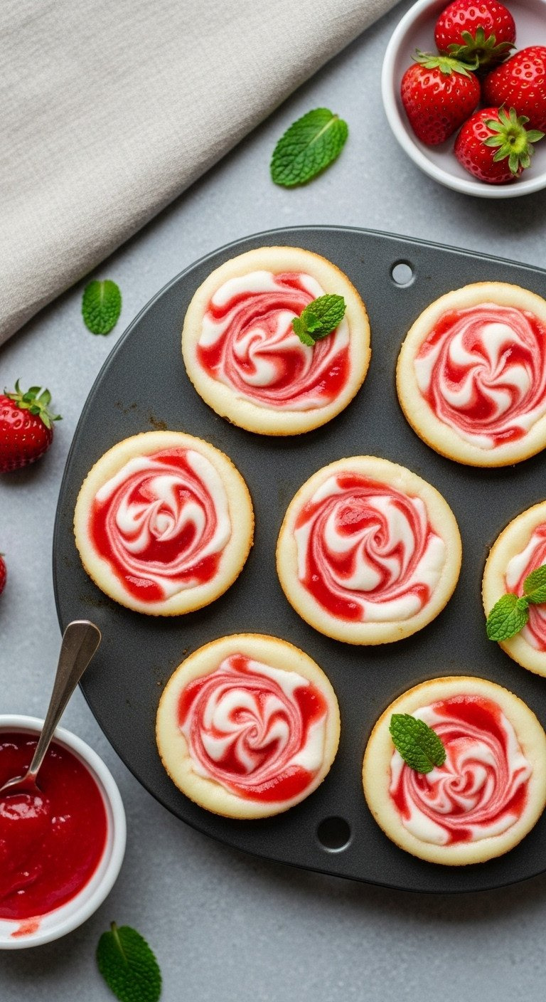 Six Baked Strawberry Swirl Mini Cheesecakes In A Muffin Tin, Topped With Puree And Whipped Cream. Fresh Mint, Grey Marble.