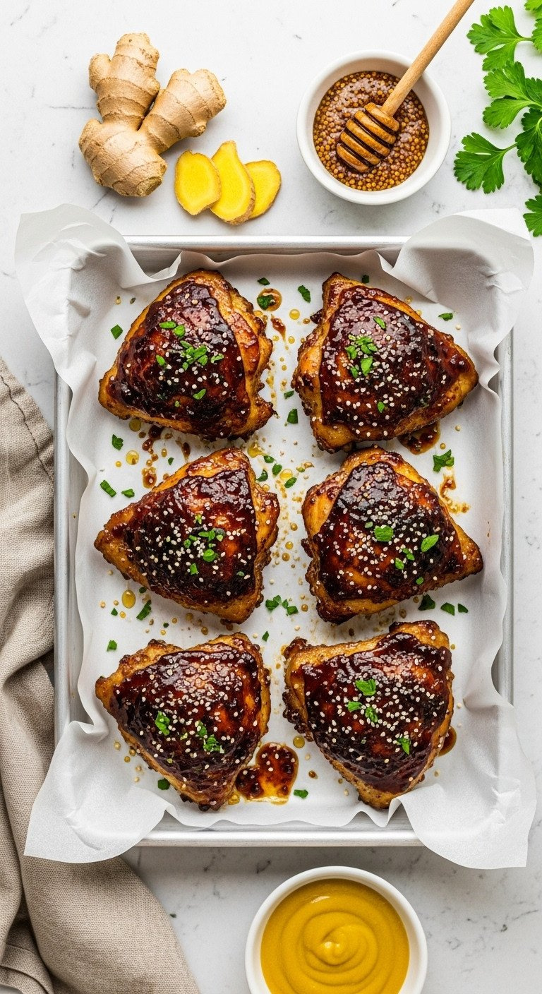 Six Chicken Thighs With Dark, Sticky Caramelized Glaze, Moist And Savory, Sprinkled With Parsley In A White Ceramic Dish.