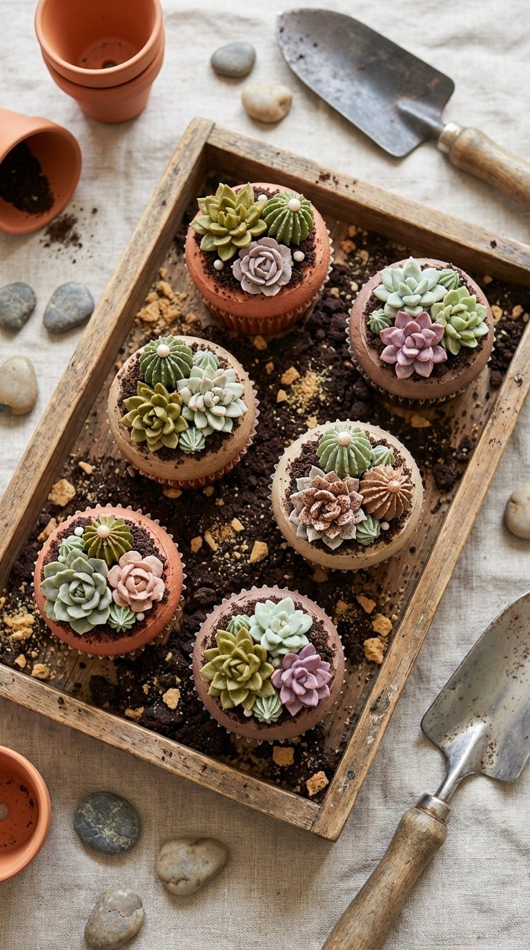 Six Earth-Toned Cupcakes Decorated With Piped Buttercream Succulents In Green, Dusty Rose, And Purple On Rustic Tray