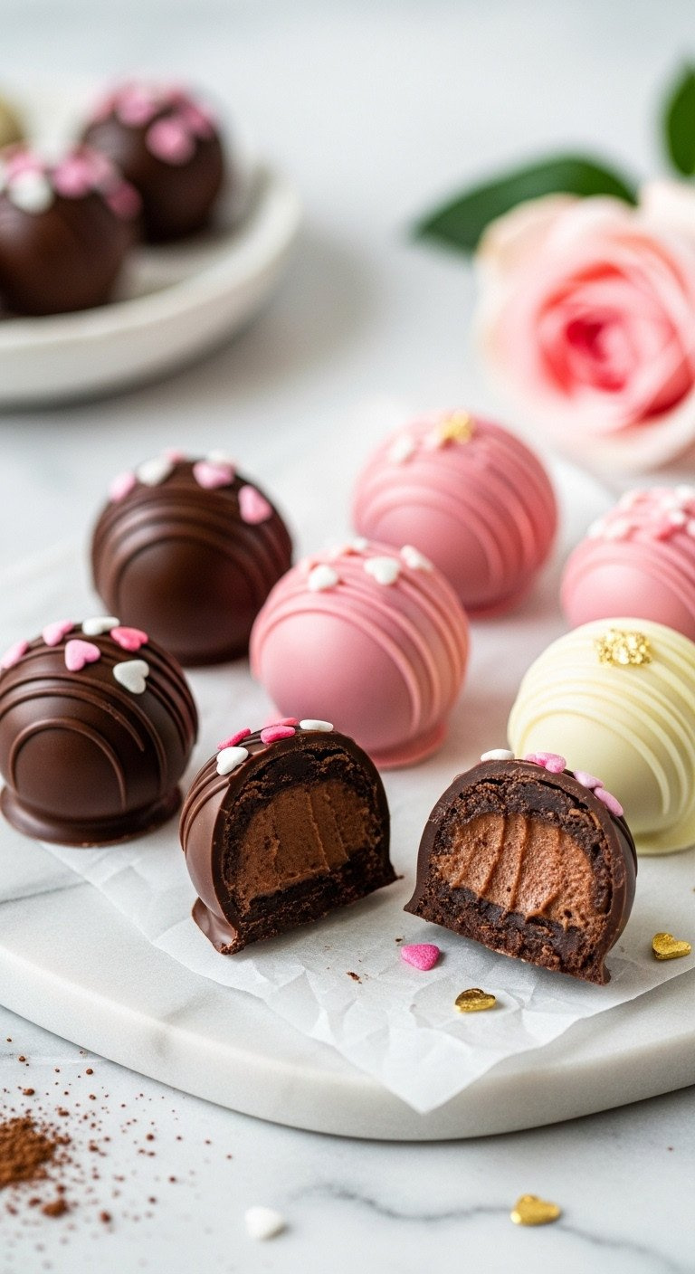 Six Elegant Chocolate Truffles: Dark And Pink White Chocolate Dipped, Heart Sprinkles, Gold Leaf. Valentine's Dessert.
