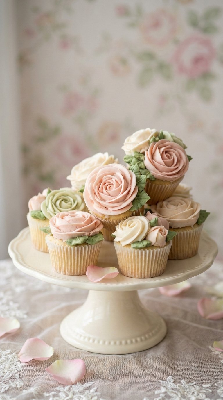 Six Elegant Cupcakes With Buttercream Roses In Blush Pink And Cream Arranged As Floral Bouquet On Vintage Stand