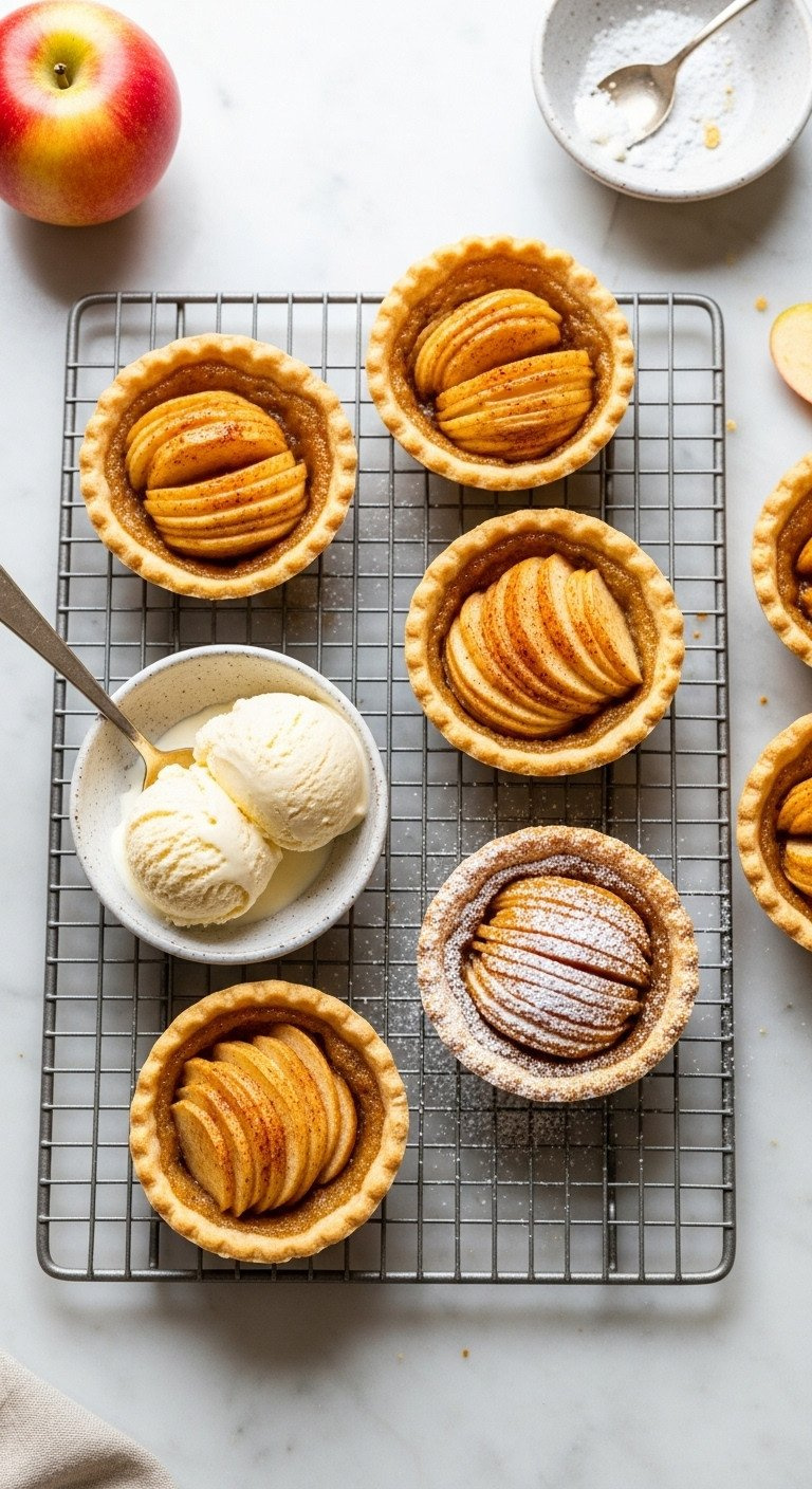 Six Perfectly Baked Mini Apple Tarts With Golden Crust, Cooling On A Wire Rack With Vanilla Ice Cream And Sugar Dusting.