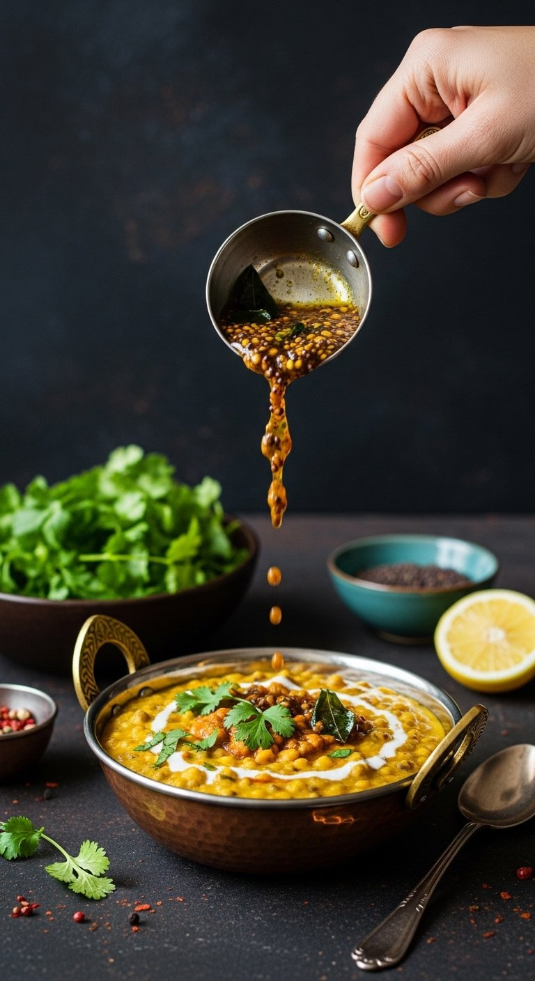 Sizzling Indian Tadka Of Spiced Ghee Poured Over Creamy Dal In A Traditional Copper Bowl With Fresh Cilantro.