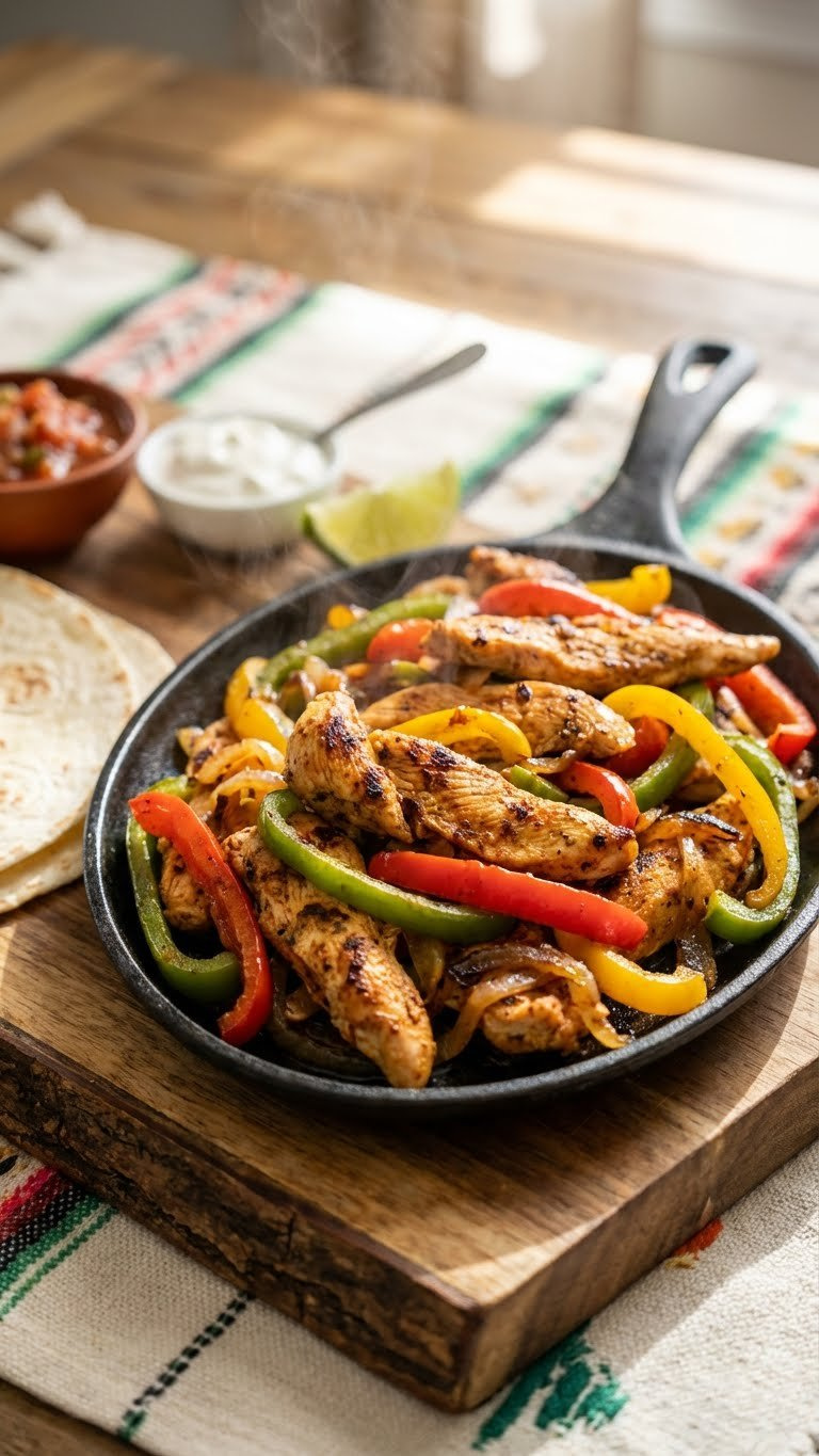 Sizzling Instant Pot Chicken Fajitas With Tender Chicken, Bell Peppers, And Onions, Served In A Cast Iron Skillet.
