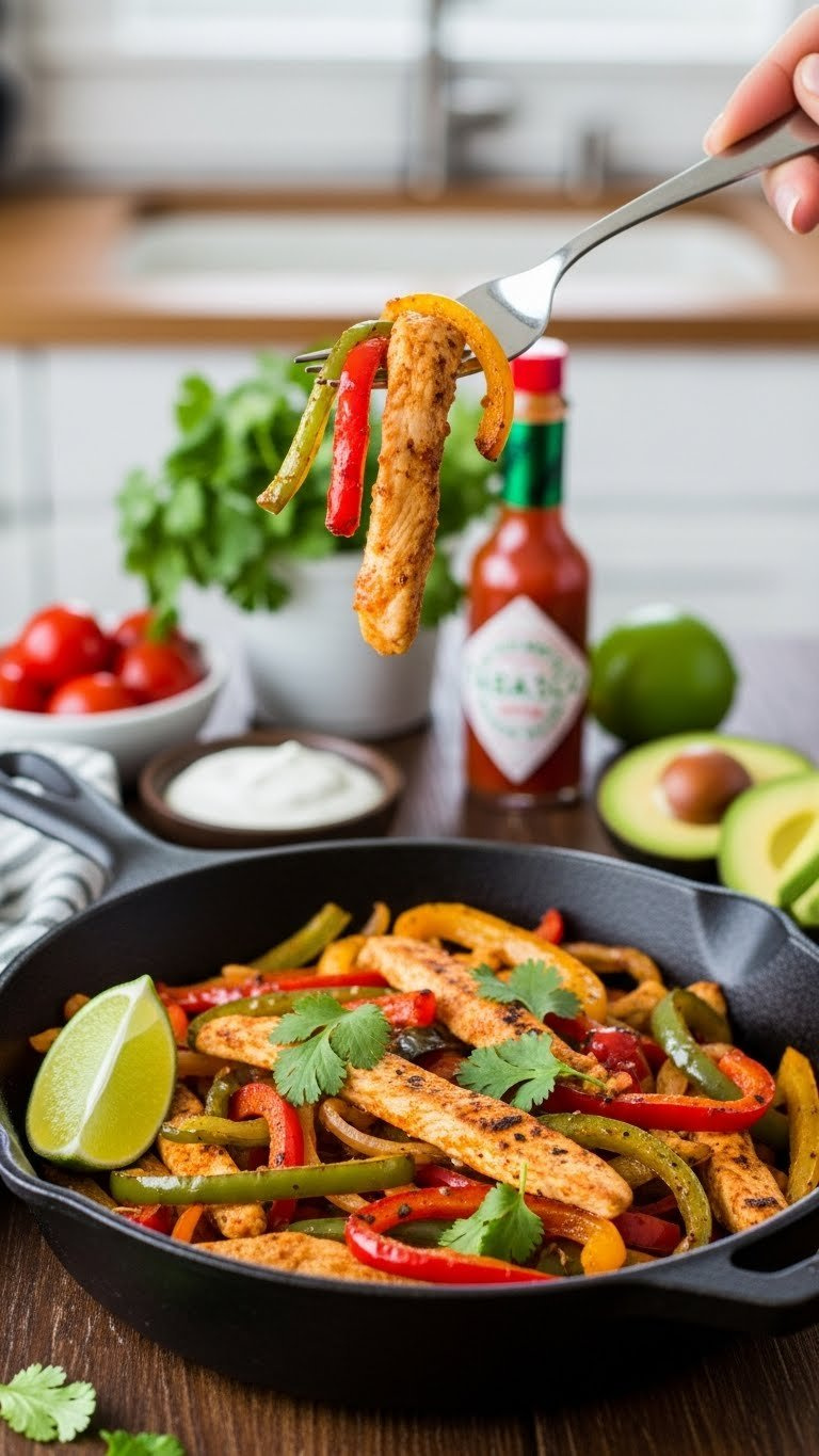 Sizzling Instant Pot Low Carb Chicken Fajitas With Bell Peppers, Cilantro, And Lime In A Cast Iron Skillet.
