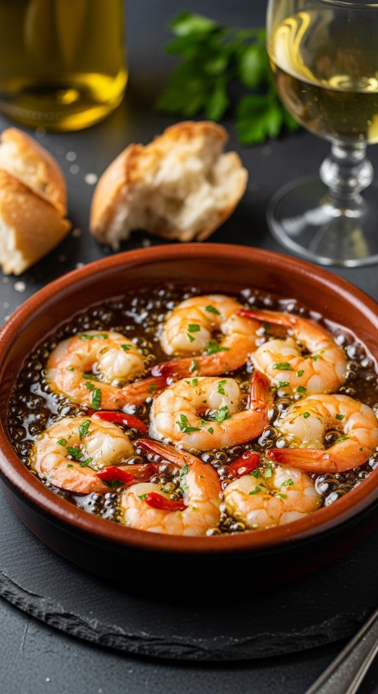 Sizzling Spanish Gambas Al Ajillo Shrimp In A Traditional Earthenware Cazuela Dish.