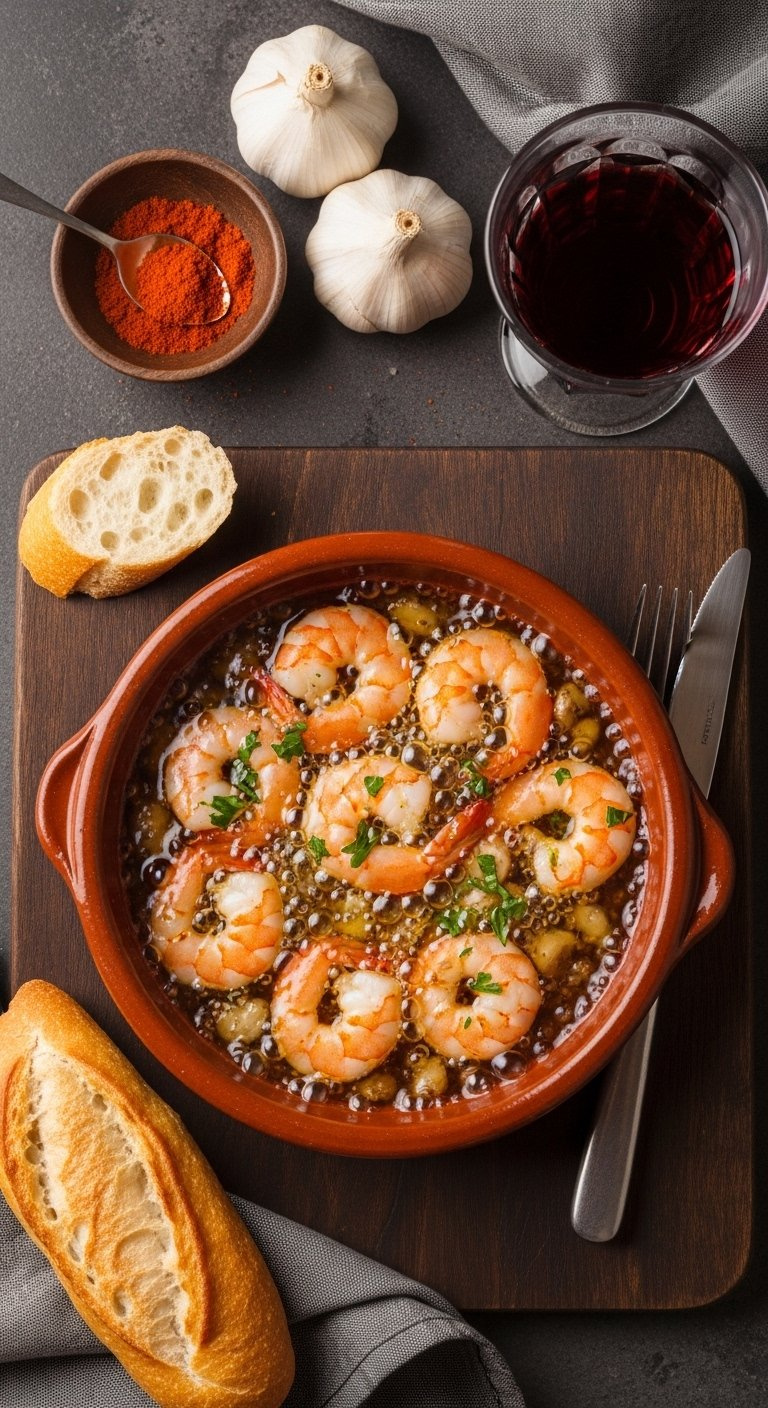 Sizzling Spanish Garlic Shrimp Bubbling In Olive Oil Inside A Traditional Terracotta Cazuela Dish.