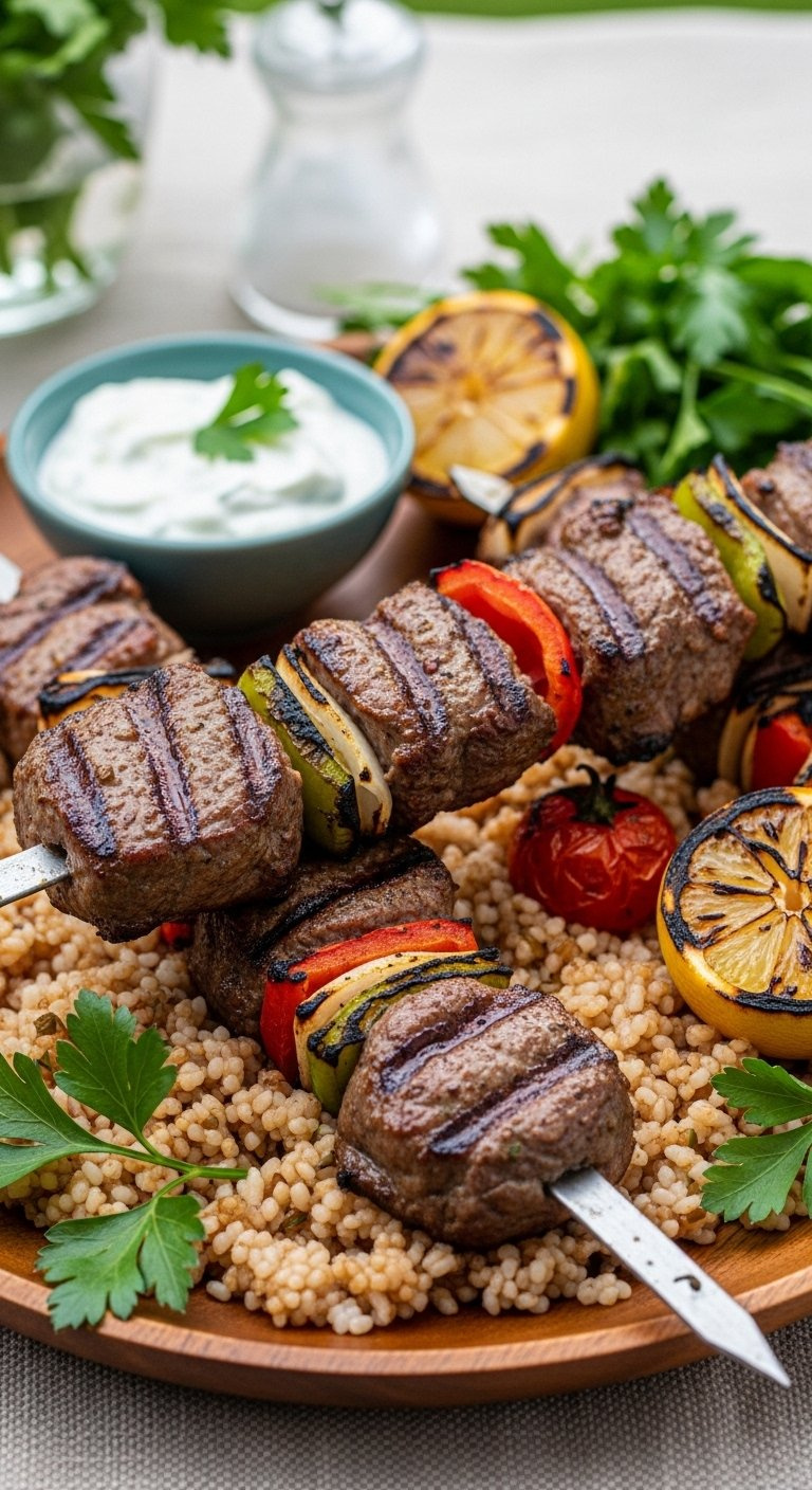 Sizzling Turkish Lamb Skewers With Char Marks And Vegetables Served On A Rustic Wooden Platter With Pilaf.