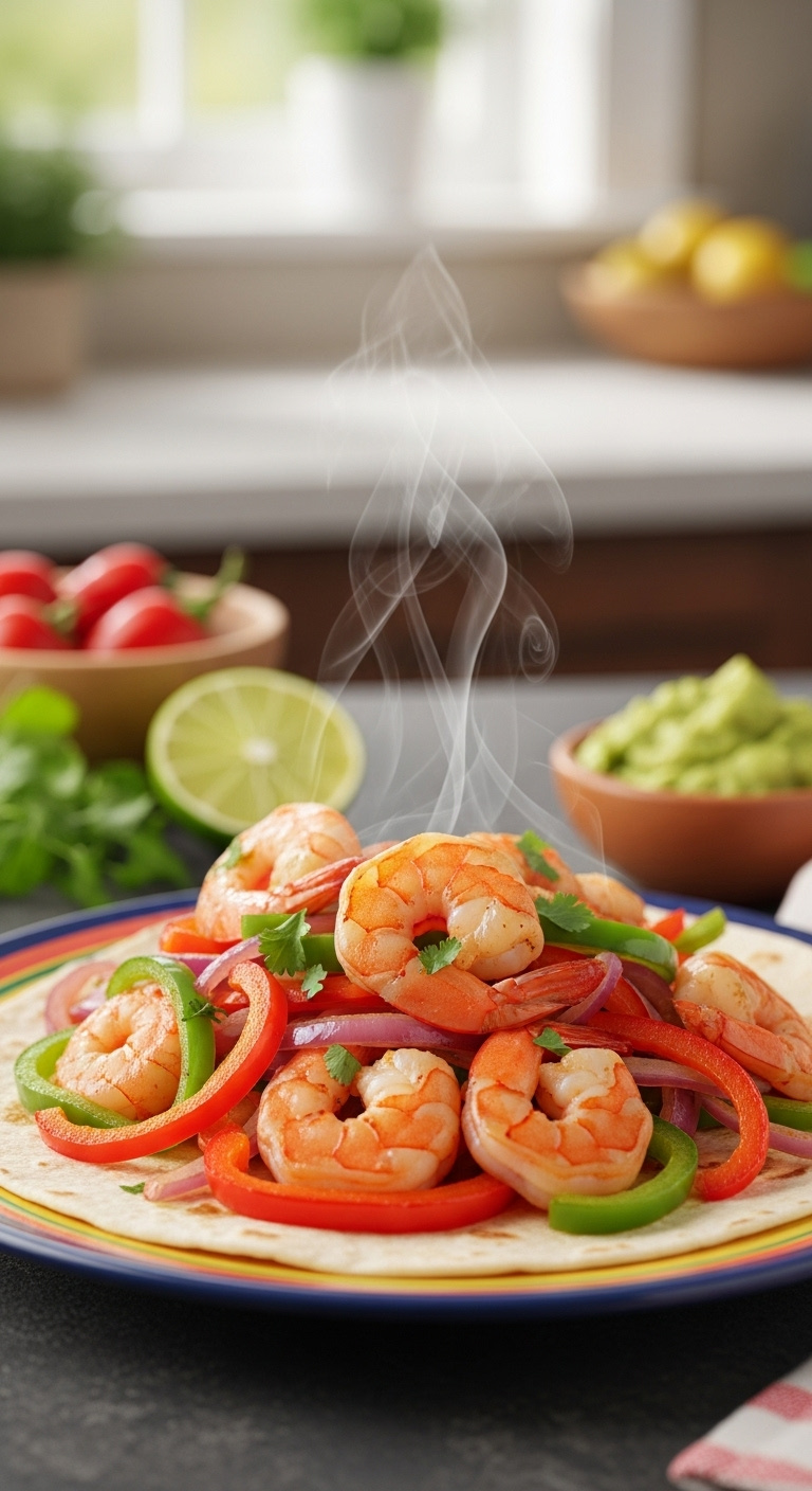 Sizzling Air Fried Shrimp Fajitas With Colorful Peppers And Onions On A Tortilla With Lime Cilantro And Guacamole