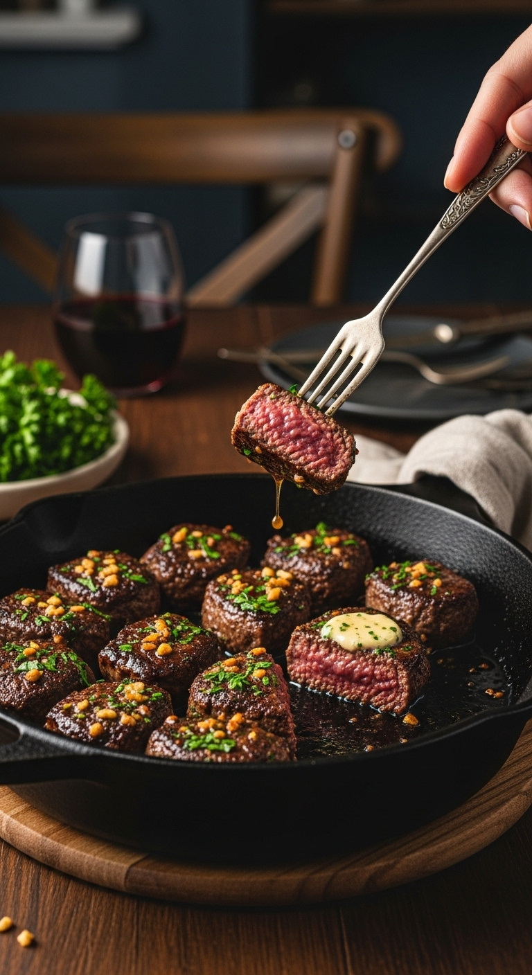 Sizzling Air Fried Steak Bites With Garlic Butter And Parsley In A Cast Iron Skillet With Wine And Napkin