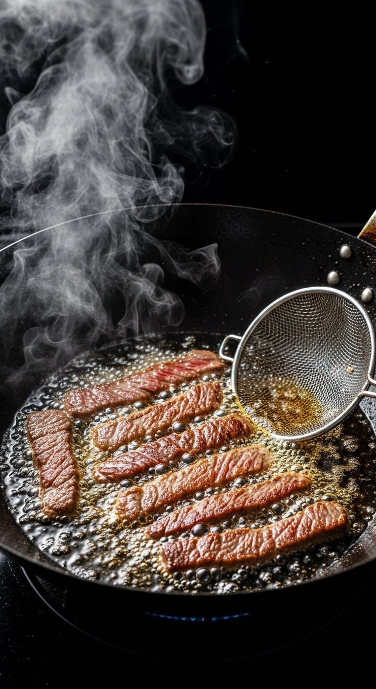 Sizzling Beef Strips Searing In A Hot Dark Wok With Steam Rising During The Cooking Process.