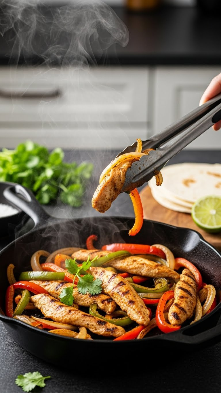 Sizzling Chicken Fajita Strips, Colorful Bell Peppers, And Onions Charring In A Cast-Iron Skillet, Ready To Serve.