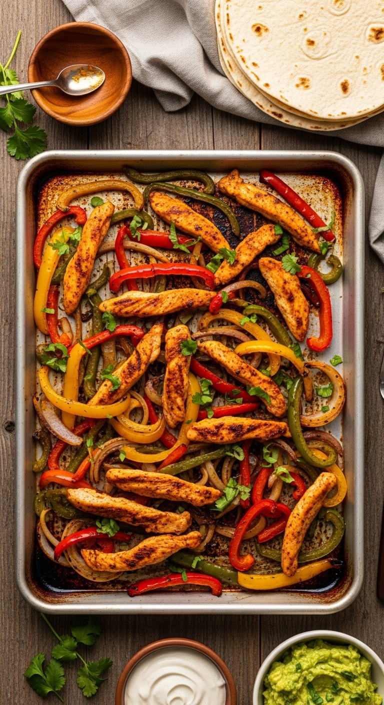 Sizzling Colorful Sheet Pan Chicken Fajitas With Roasted Peppers And Onions, Garnished With Cilantro, Tortillas And Toppings
