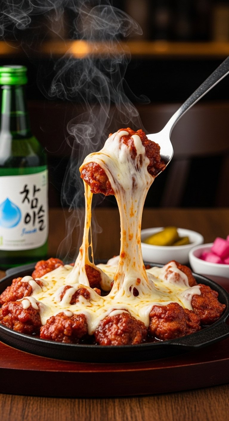 Sizzling Extra-Spicy Korean Fire Chicken Buldak Topped With Melted Mozzarella Cheese On A Cast-Iron Plate.