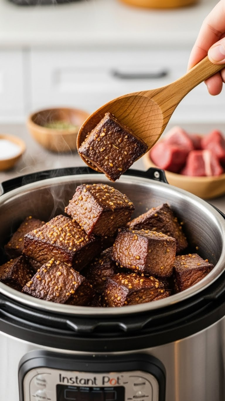 Sizzling, Golden-Brown Chuck Roast Beef Stew Meat In A Stainless Steel Instant Pot, Beautifully Lit By Warm Golden Hour Light.