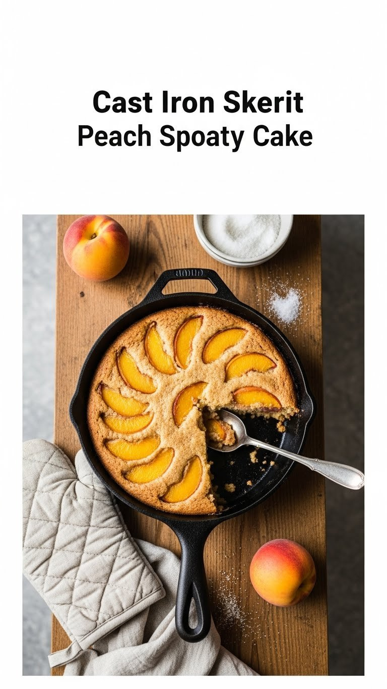 Sizzling Hot Cast Iron Skillet Peach Spoon Cake With Rustic Crispy Top, Molten Peaches, And Serving Spoon On A Wooden Table.