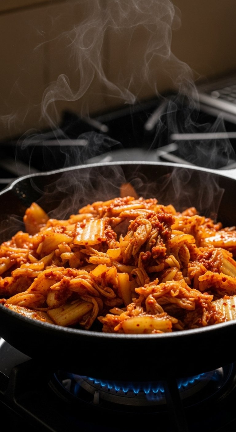 Sizzling Red Kimchi And Caramelized Onions In A Black Cast-Iron Skillet With Steam Rising On A Gas Stove.