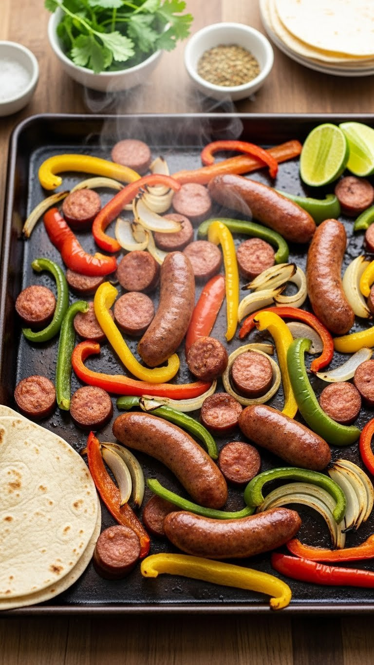 Sizzling Sausage And Pepper Baked Fajitas With Colorful Bell Peppers On Rustic Sheet Pan