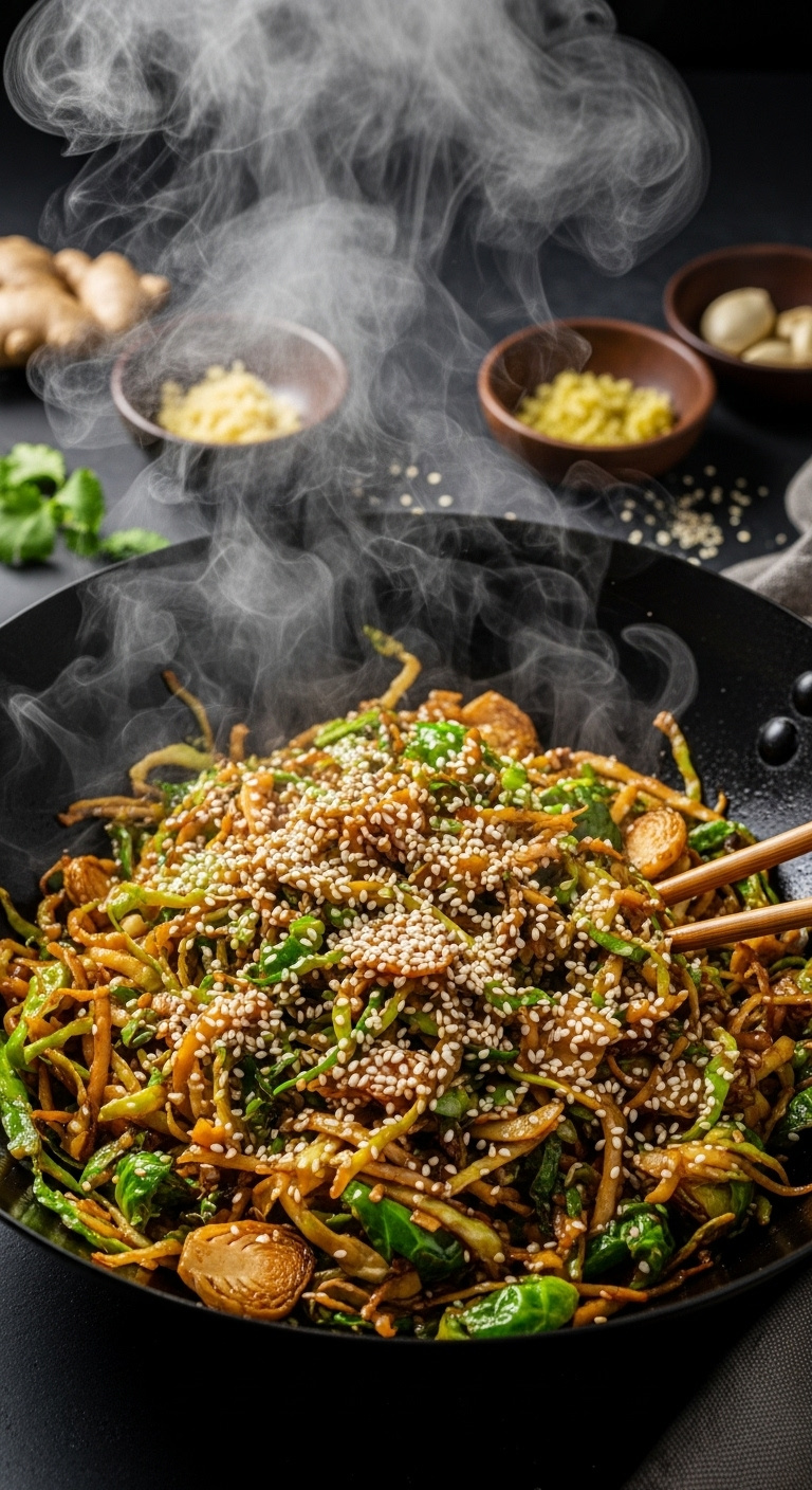 Sizzling Sesame Ginger Stir Fried Shredded Brussels Sprouts In A Wok With Steam And White Sesame Seeds And Chopsticks