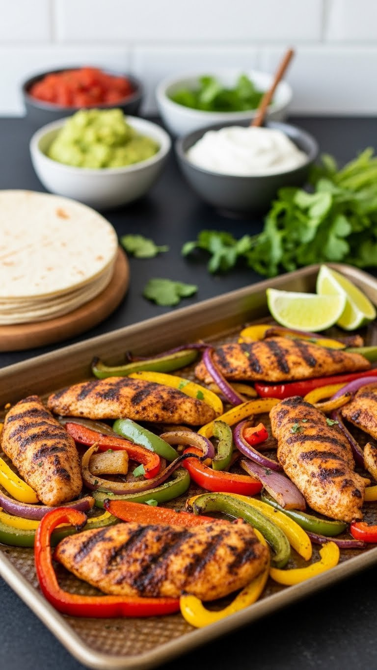 Sizzling Sheet Pan Fajita Chicken Strips With Caramelized Peppers And Onions Ready For Serving