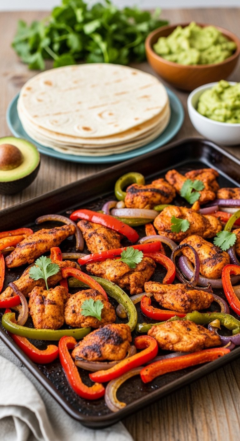 Sizzling Sheet Pan Of Chicken Fajitas With Colorful Bell Peppers, Onions, And Warm Tortillas.