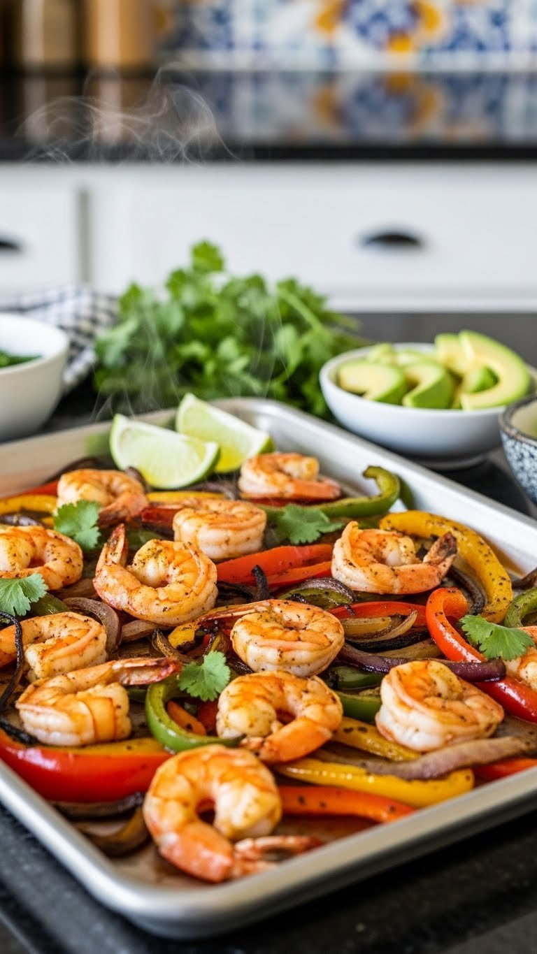 Sizzling Sheet Pan Shrimp Fajitas With Pink Shrimp, Caramelized Onions, And Vibrant Bell Peppers With Lime Wedges Garnish