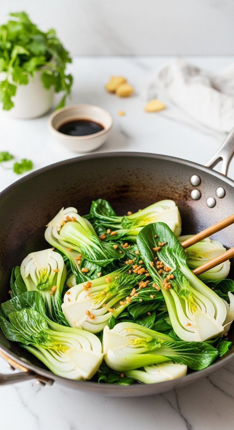 Sizzling Stir-Fried Baby Bok Choy With Garlic And Ginger In A Seasoned Carbon Steel Wok. A Healthy, Vibrant Asian Greens Recipe.
