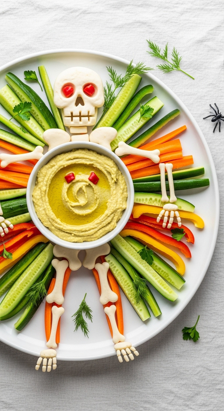 Skeleton Veggie Platter With Vegetables &Amp; Green Hummus On A White Platter. Healthy, Spooky Halloween Appetizer.