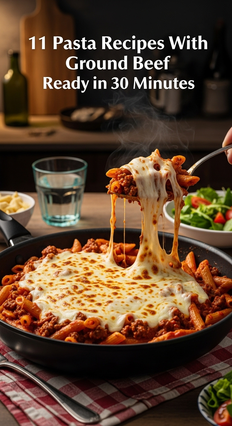 Skillet Italian Beef Penne With Melted Mozzarella Cheese And A Cheese Pull On A Red And White Tablecloth