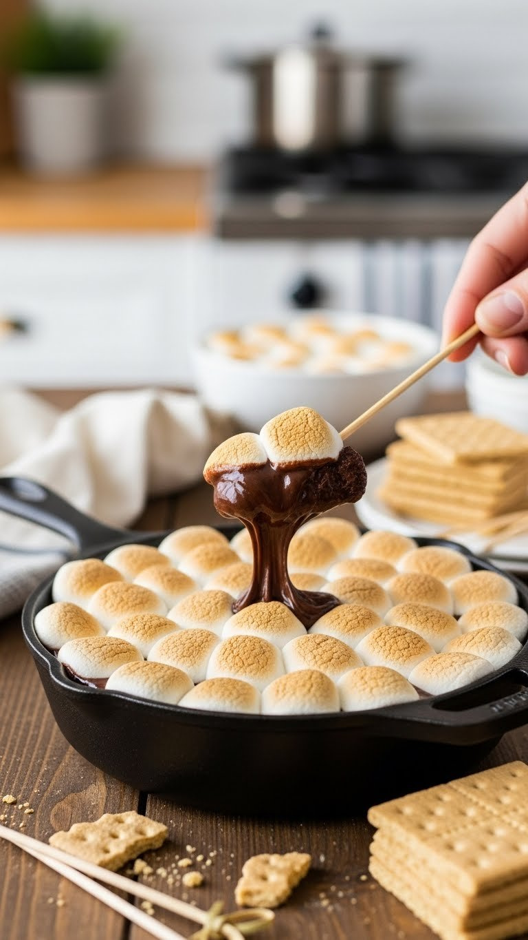 Skillet S'mores Dip: Gooey Melted Chocolate, Golden Toasted Marshmallows, Graham Crackers On Rustic Wood, Warm Golden Light.