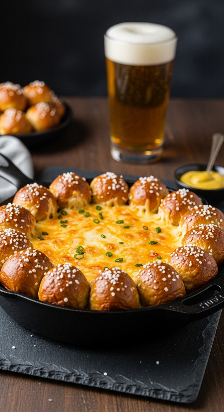 Skillet Beer Cheese Dip With Pretzel Bites In A Cast Iron Skillet On A Slate Serving Board With Beer In Background