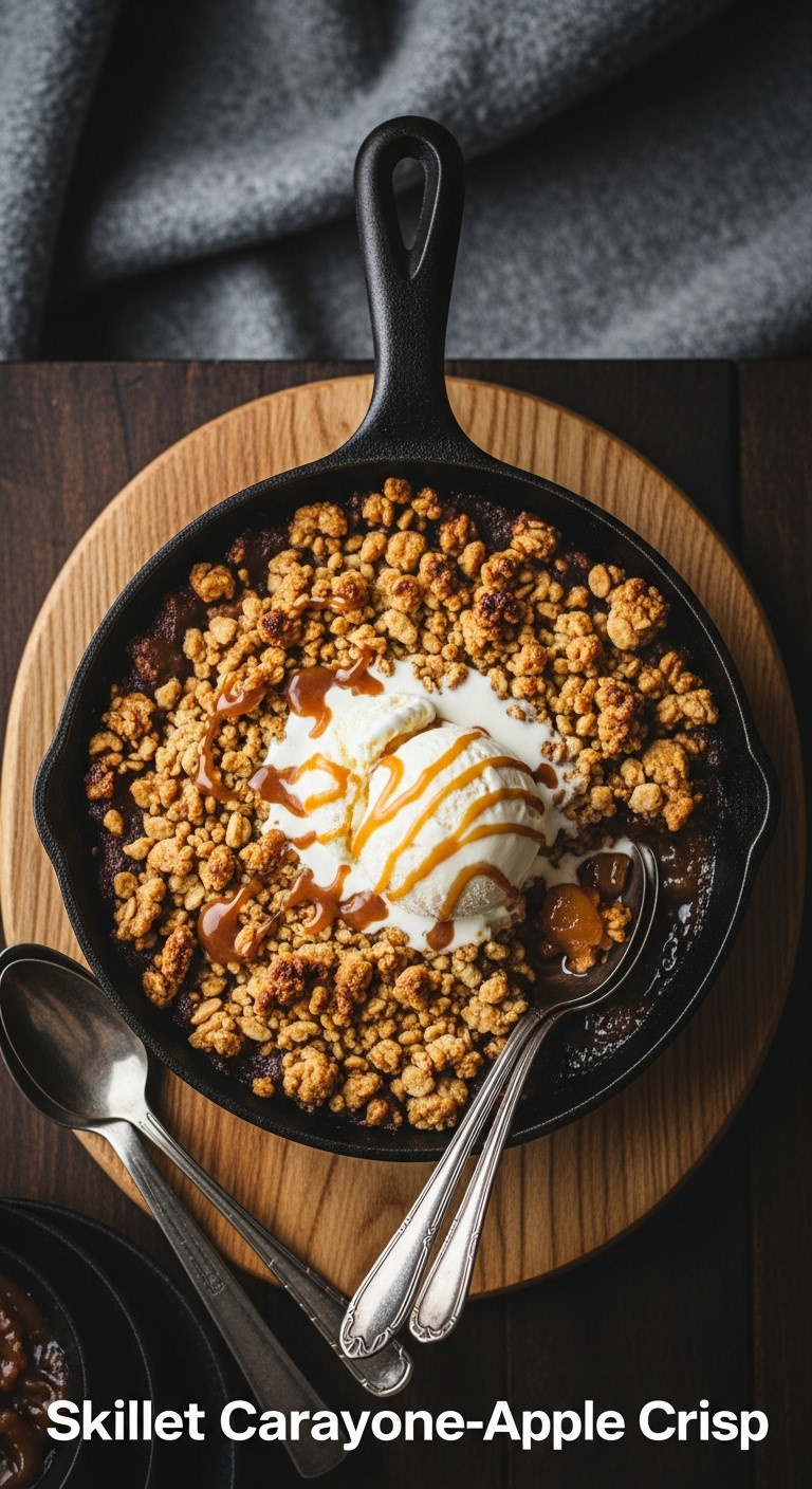 Skillet Caramel Apple Crisp With Golden Brown Crunchy Topping And Melting Vanilla Ice Cream