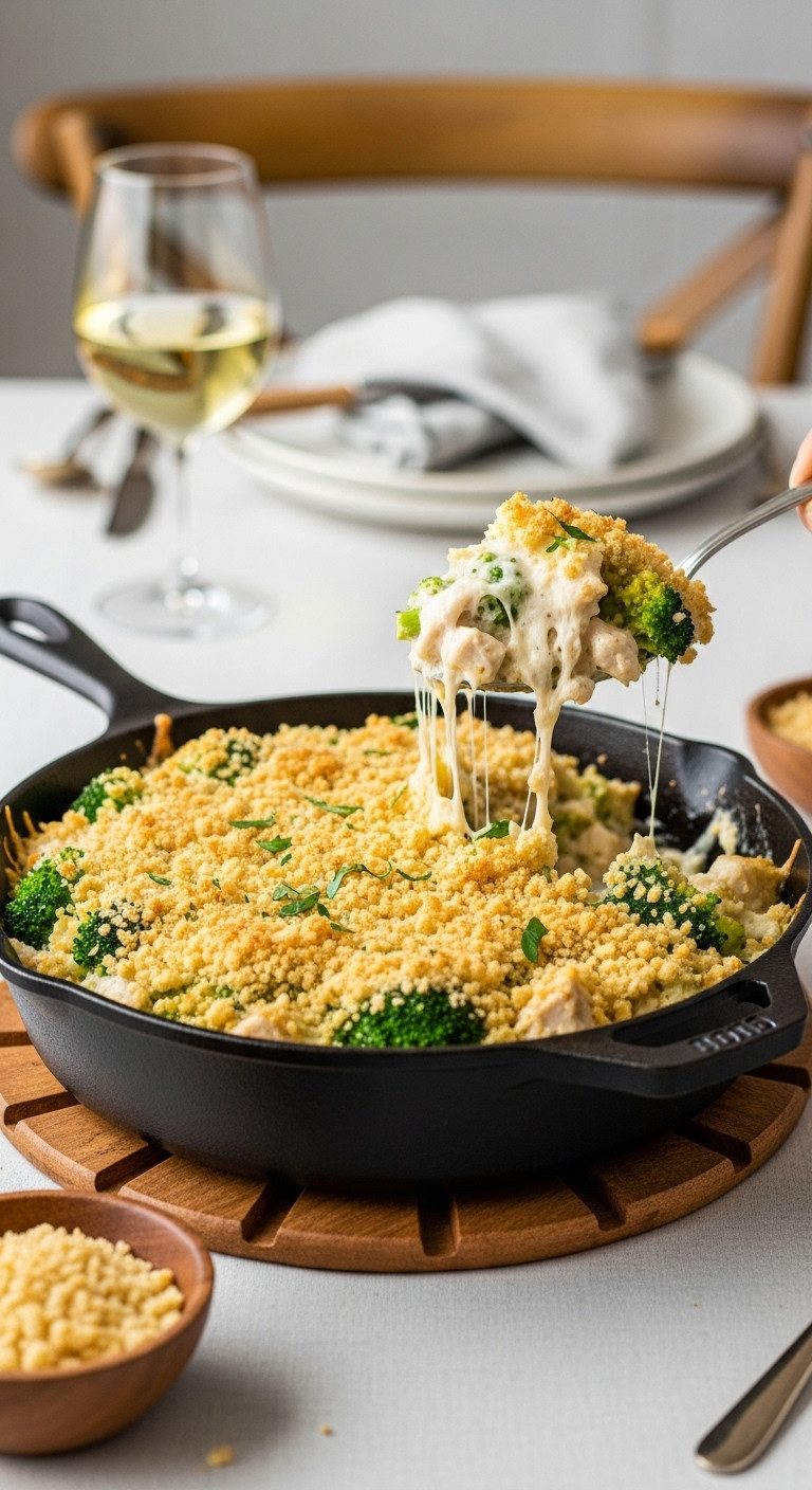 Skillet Chicken Divan Creamy Chicken And Broccoli Casserole With Crispy Golden Brown Cheese And Panko Topping