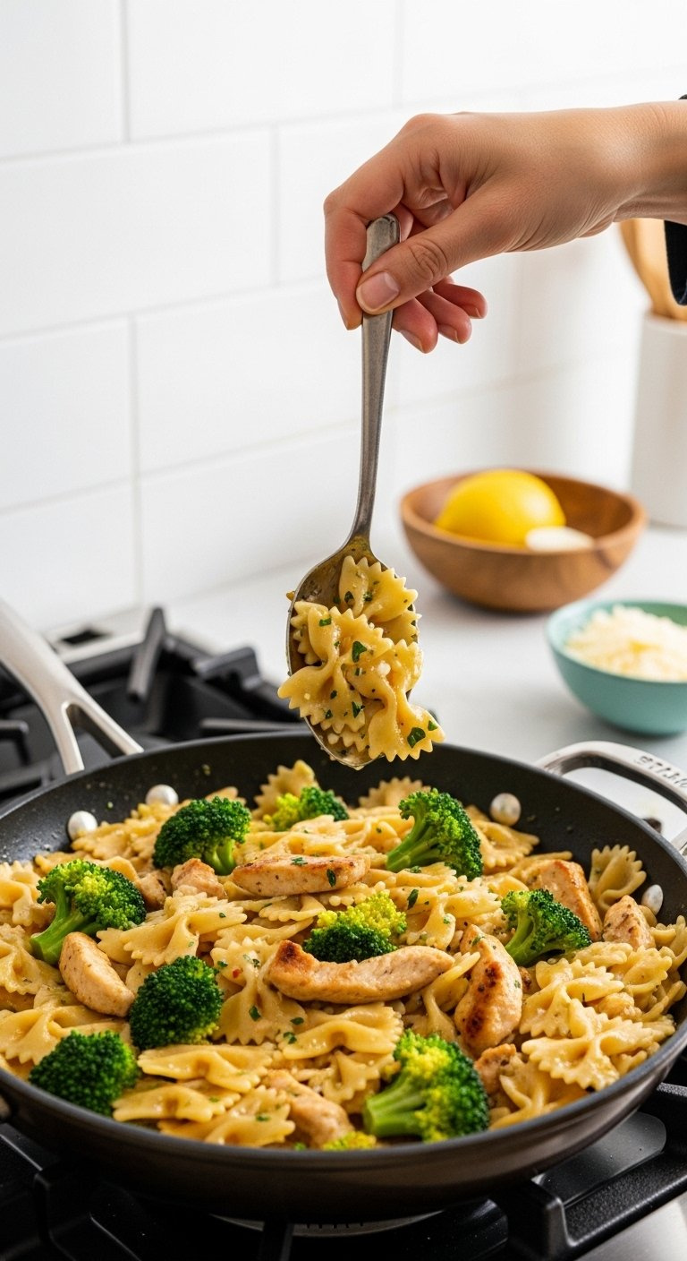 Skillet Filled With Cowboy Butter Lemon Bowtie Chicken And Broccoli Tossed In A Savory Buttery Sauce.