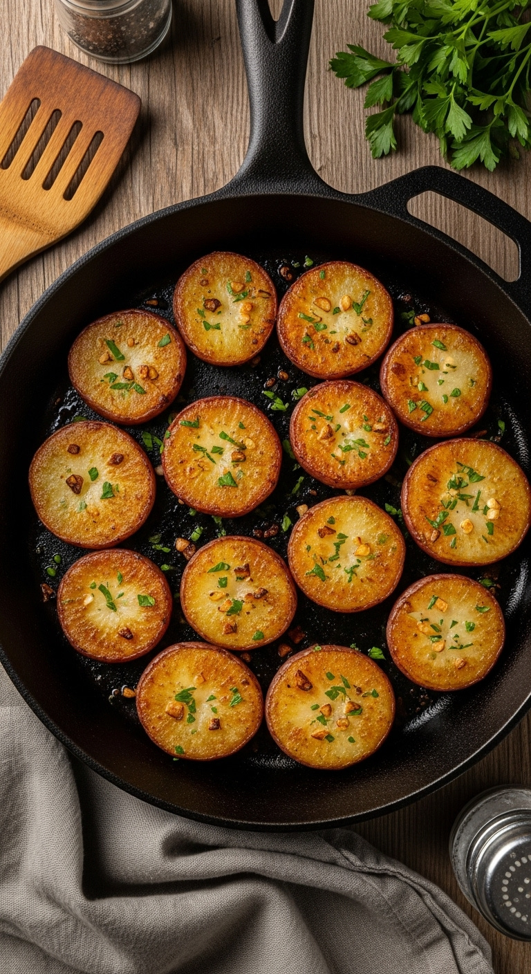 Skillet-Fried Garlic Red Potatoes In A Black Cast-Iron Skillet With Parsley On A Rustic Wooden Surface