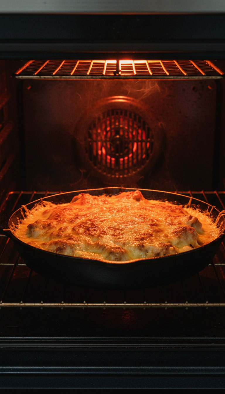 Skillet Of Chicken Under A Glowing Red Broiler Element With Bubbly Cheese And Golden Brown Topping.