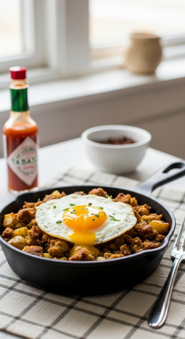 Skillet Of Crispy Roast Potato &Amp; Stuffing Hash, Fried Egg With Runny Yolk, On Checkered Tablecloth; Hot Sauce.