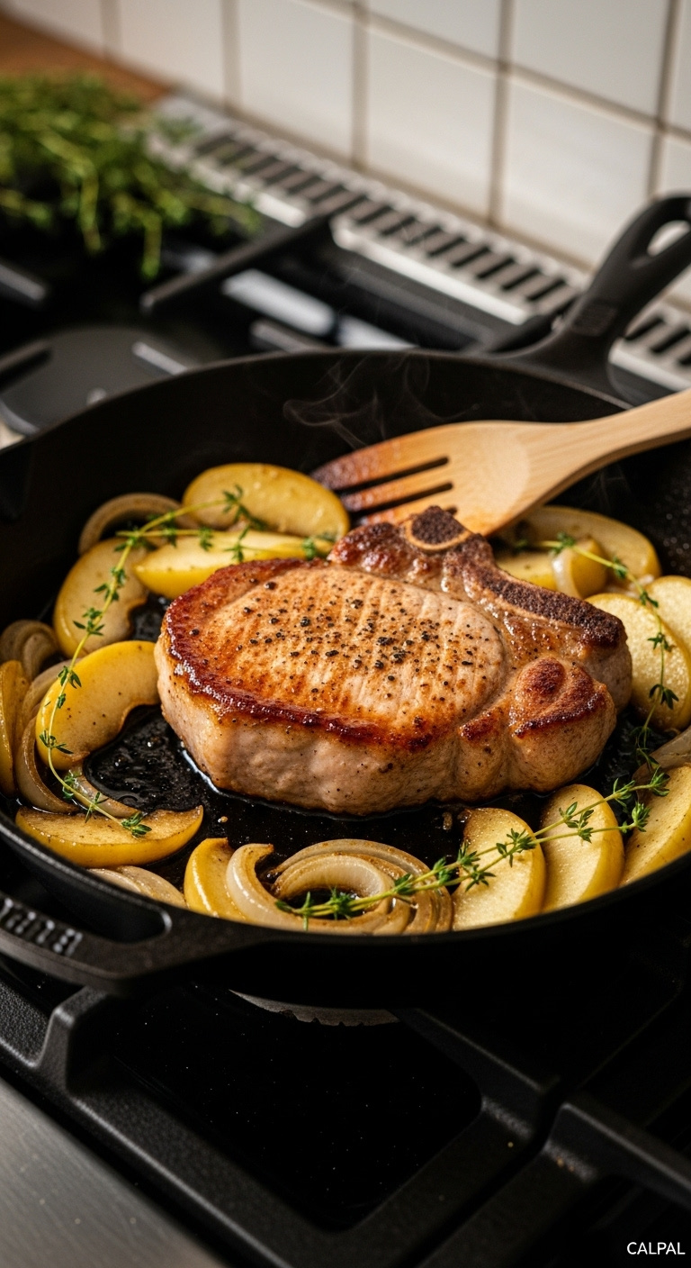 Skillet Pork Chops With Apples And Onions In A Cast Iron Pan With Thyme And A Wooden Spatula On A Stovetop