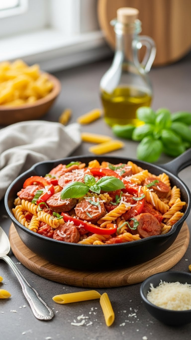 Skillet Sausage And Peppers Pasta With Basil Garnish In Cast Iron Pan On Wooden Trivet