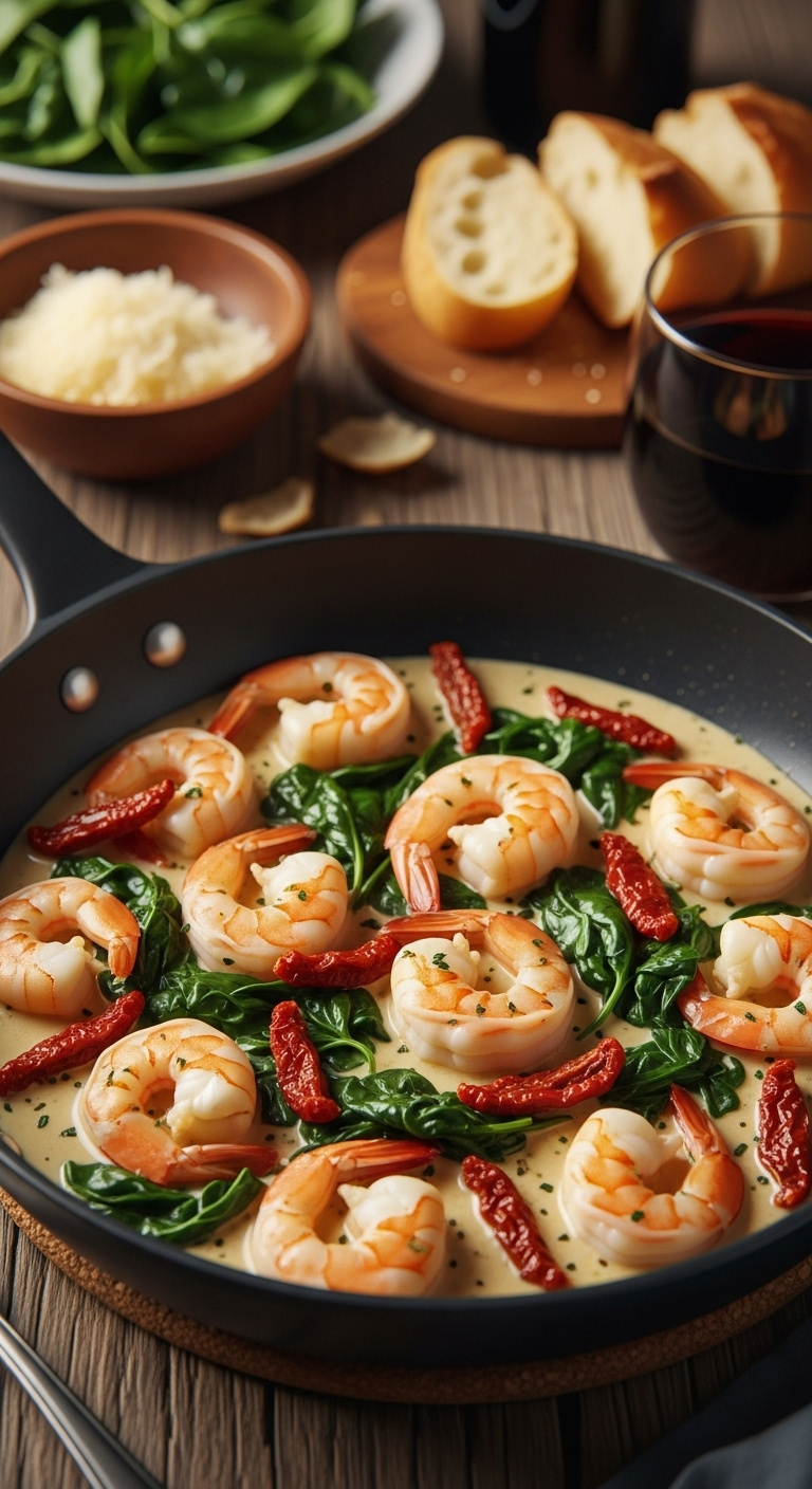 Skillet With Creamy Tuscan Shrimp, Sun-Dried Tomatoes, And Spinach, With Parmesan, Crusty Bread, And Red Wine