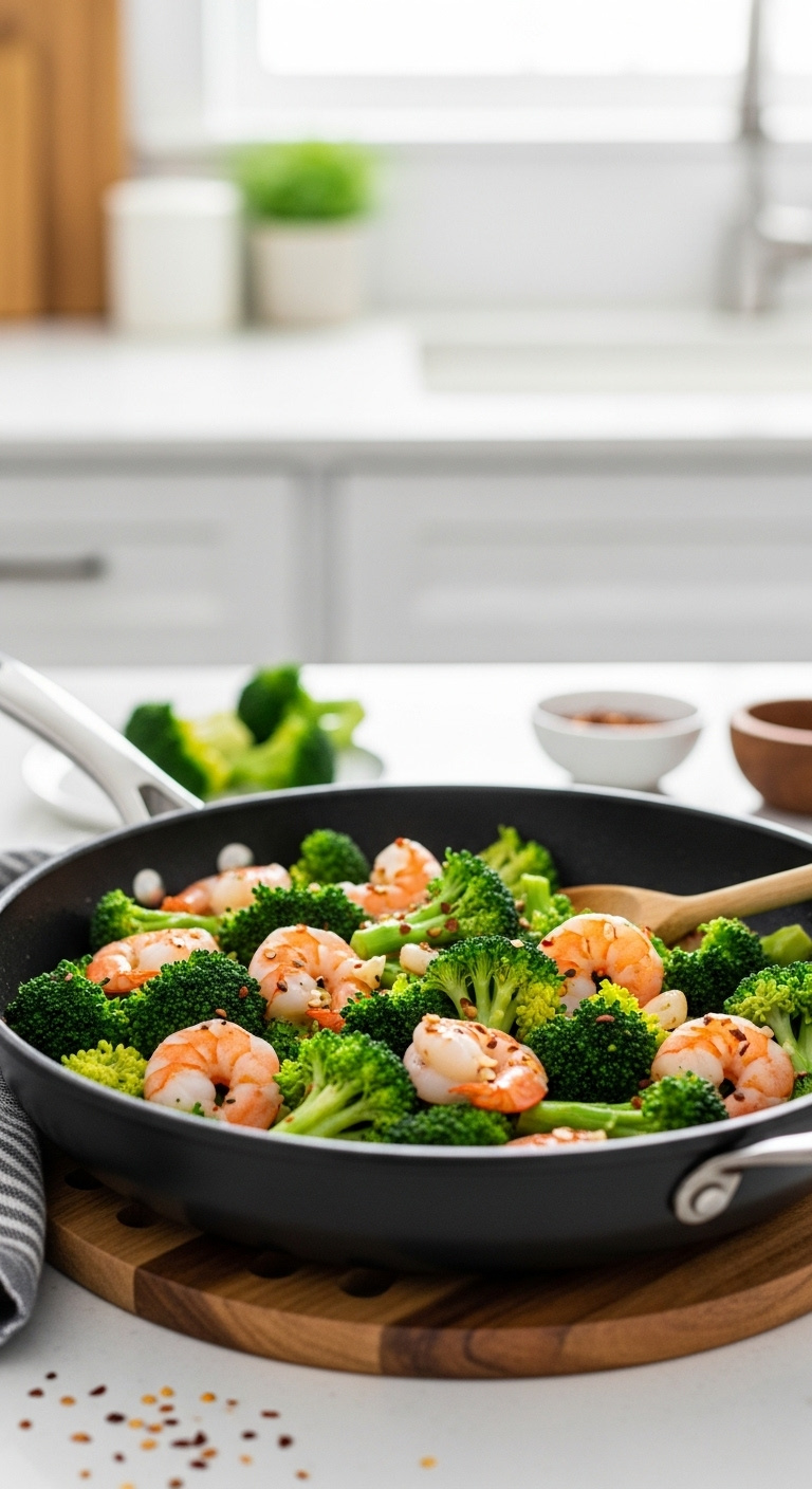 Skillet With Vibrant Broccoli Florets And Juicy Shrimp With Minced Garlic, Wooden Spoon, And Red Pepper Flakes