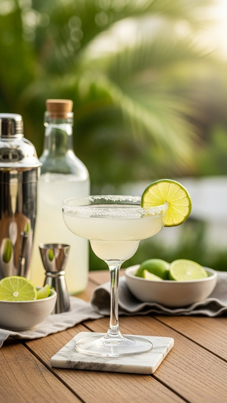 Skinny Margarita Cocktail In Salt-Rimmed Coupe Glass Garnished With Lime Wheel On Rustic Wooden Table With Bokeh Background