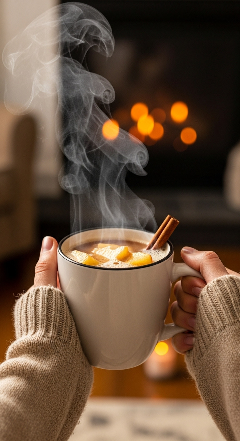 Skinny Slow Cooker Caramel Apple Toddy In A Steaming Mug Held By Hands In Cozy Sweater Sleeves By A Fireplace