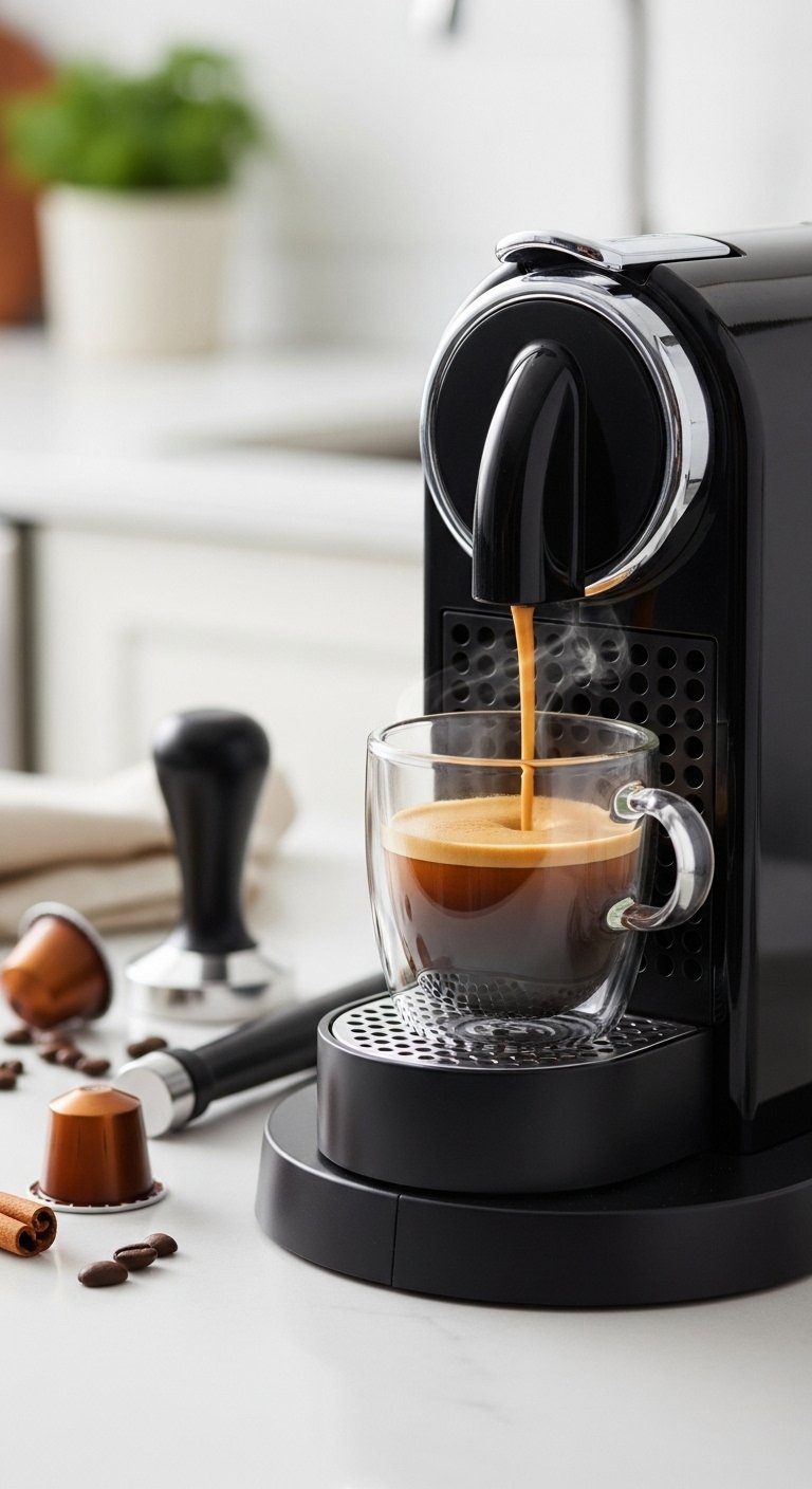 Sleek Nespresso Machine Brewing A Rich Espresso Shot With Golden Crema Into A Clear Glass Mug.
